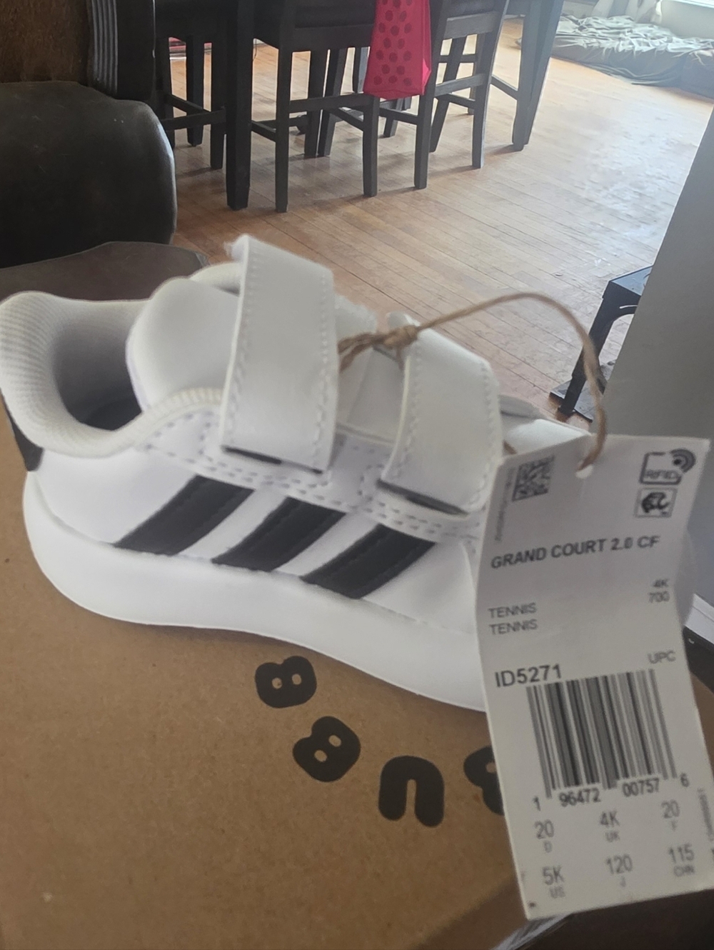 adidas Kids White Sneakers with Black Stripes Velcro